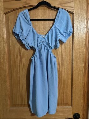 Love Tree Powder Blue V-Neck Puff Sleeve Dress with cut outs